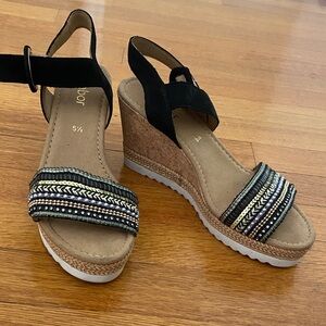 Gabor Black and Tan Beaded Wedge Sandals
